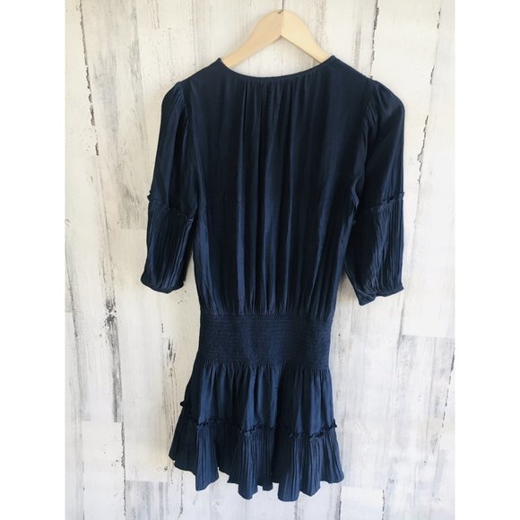 NWT Ramy Brook Smocked Mini Party Dress Blouson Navy Blue Elbow Sleeve XS - Picture 10 of 13